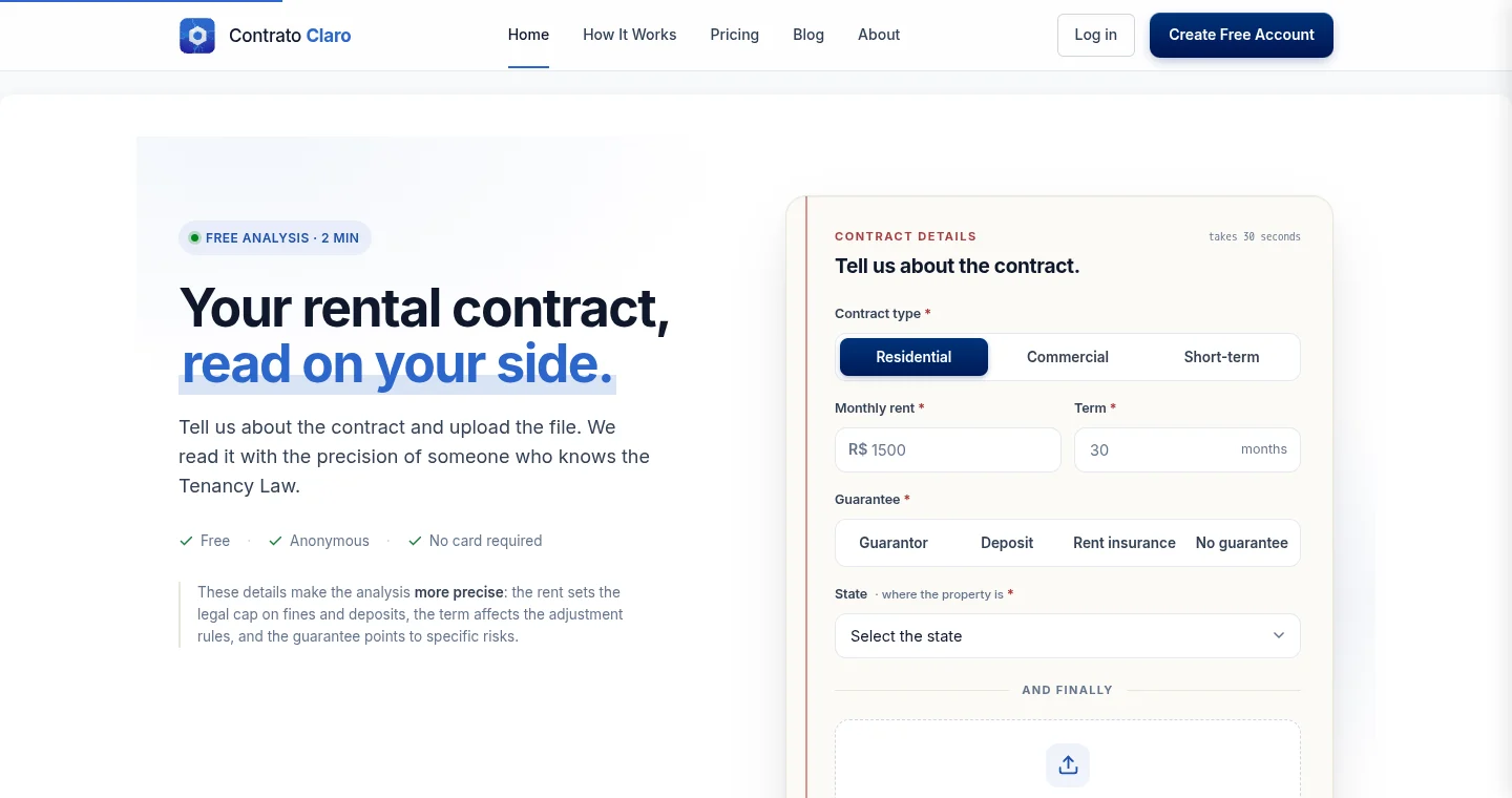 Contrato Claro website, shown in English