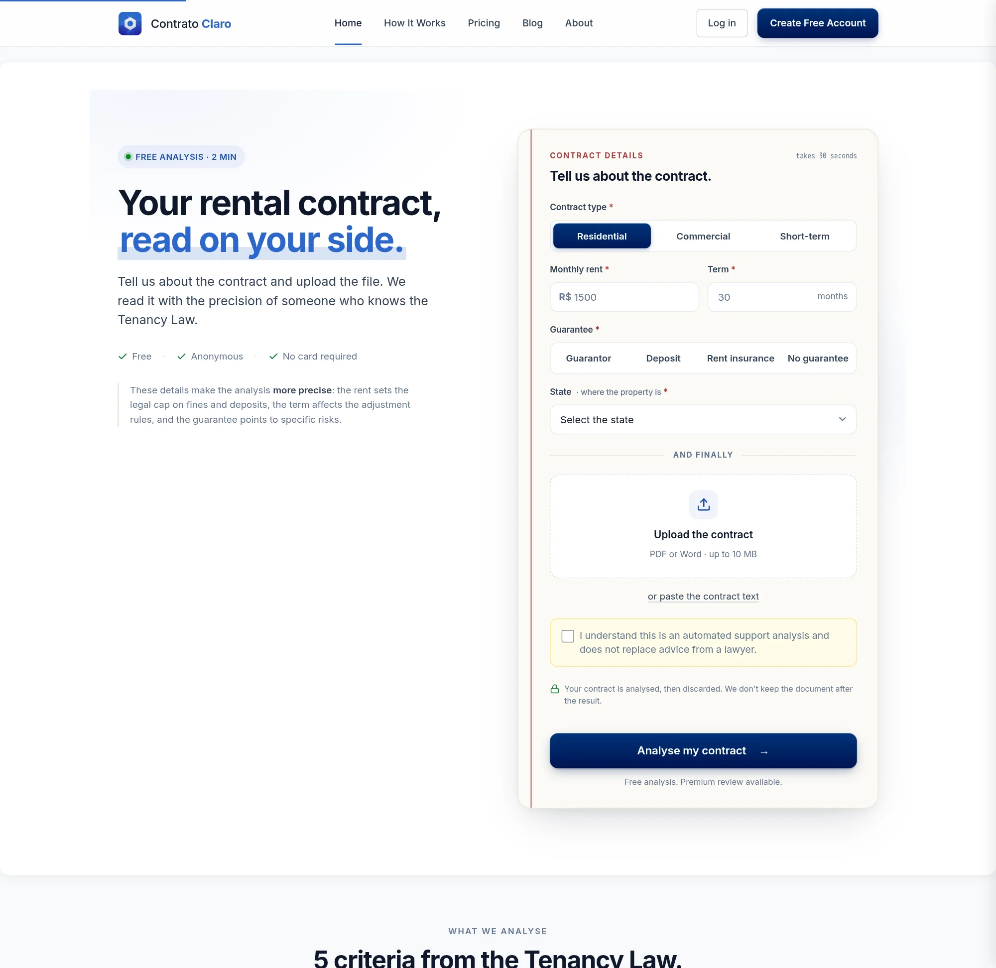 Contrato Claro website, shown in English